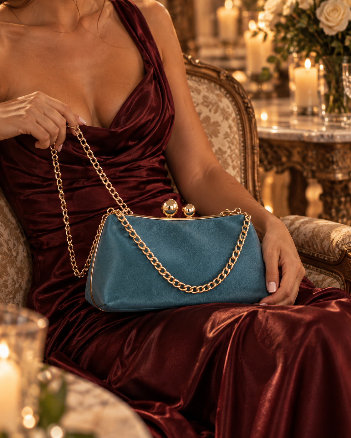 
Close-up editorial detail of The Vesper chain-strap bag in Blue, held in hand at a candlelit wedding reception.