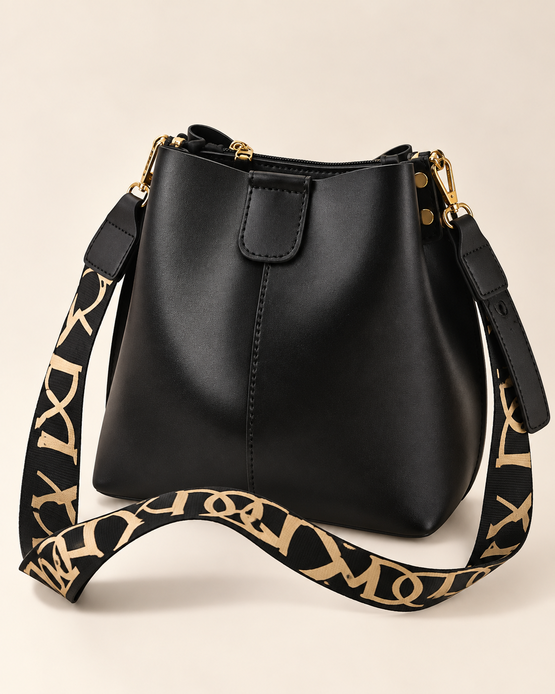 
The Cannes bucket bag in Black, studio shot.