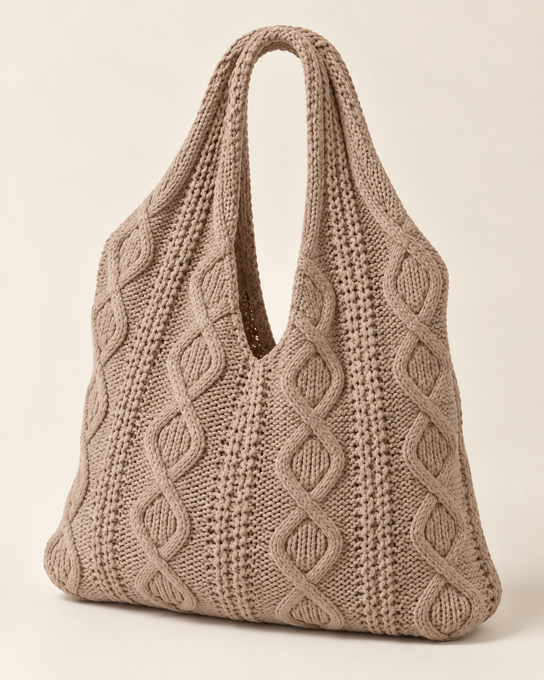 
The Mykonos crochet tote bag in Khaki, studio shot.