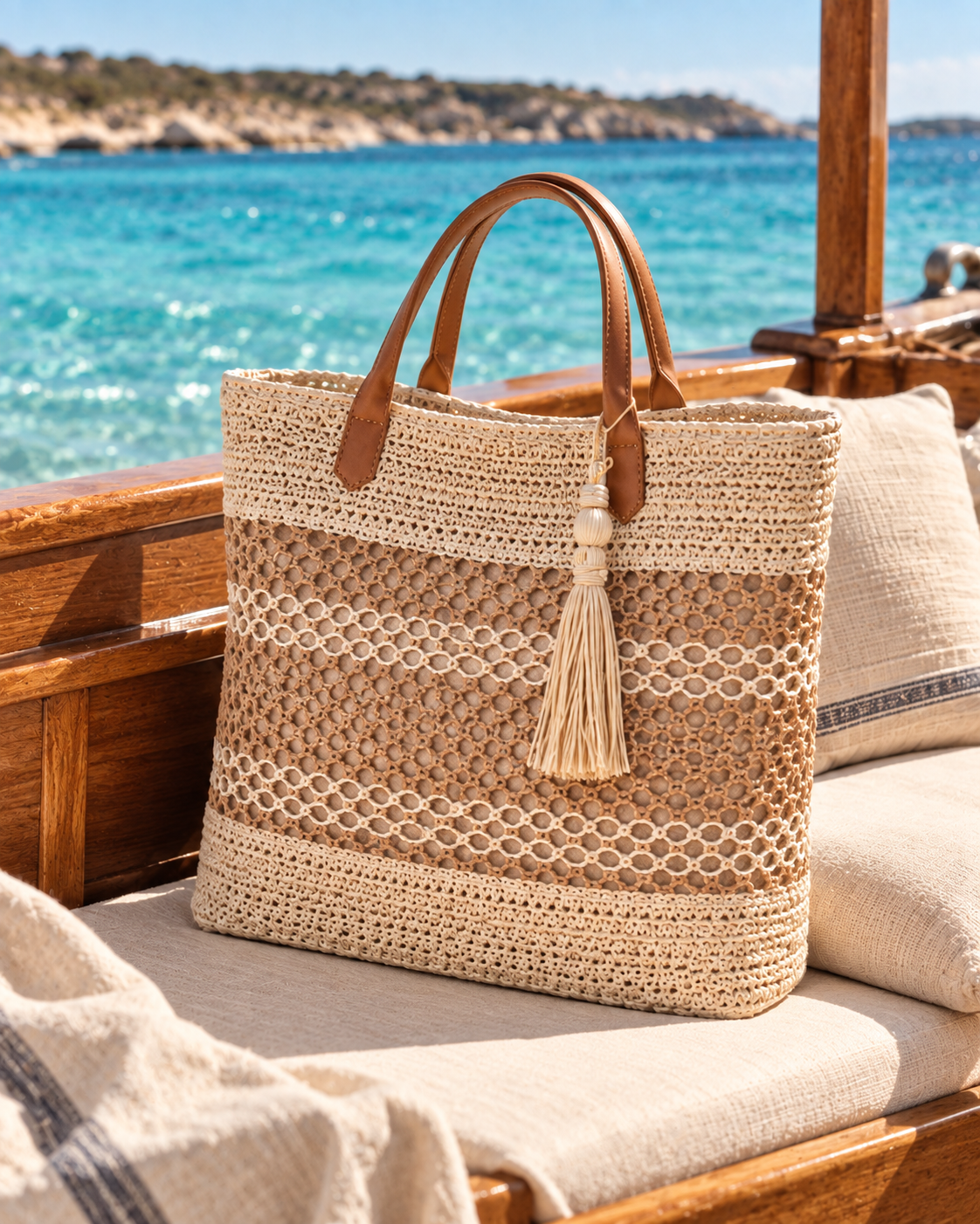 
The Formentera — Beige tote resting on the boat, turquoise sea beyond.