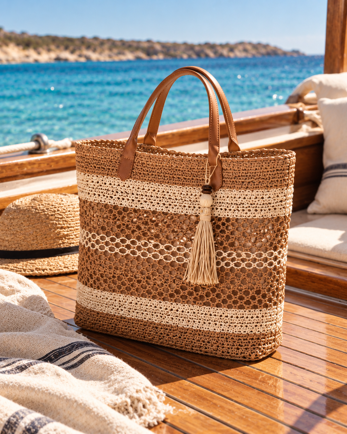 
The Formentera — Brown tote resting on the wooden boat deck.