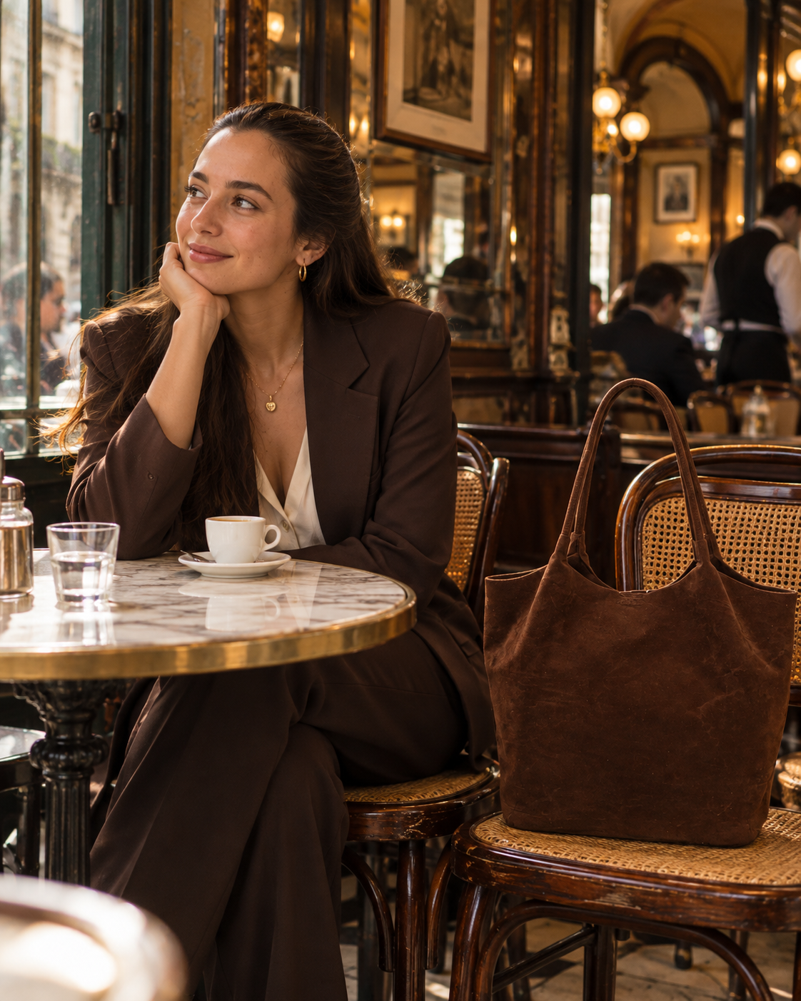 
The Lisbon Coffee handbag with Talia at A Brasileira café in Lisbon.