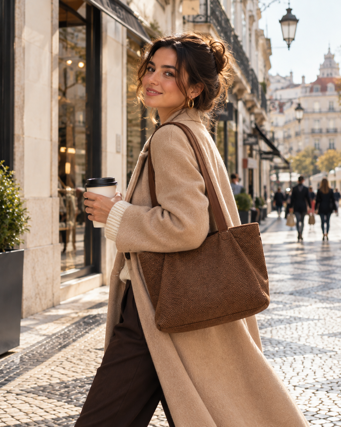 
The Lisbon Brown handbag with Sofia walking along Rua Garrett in Lisbon.