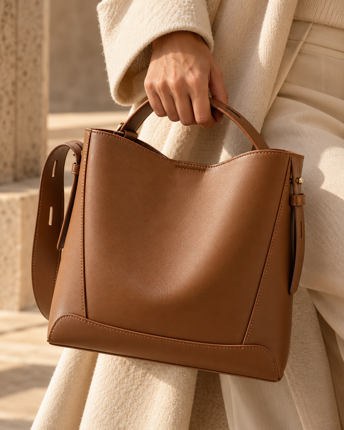 
Close-up of The Lucca Golden Brown genuine leather handbag.