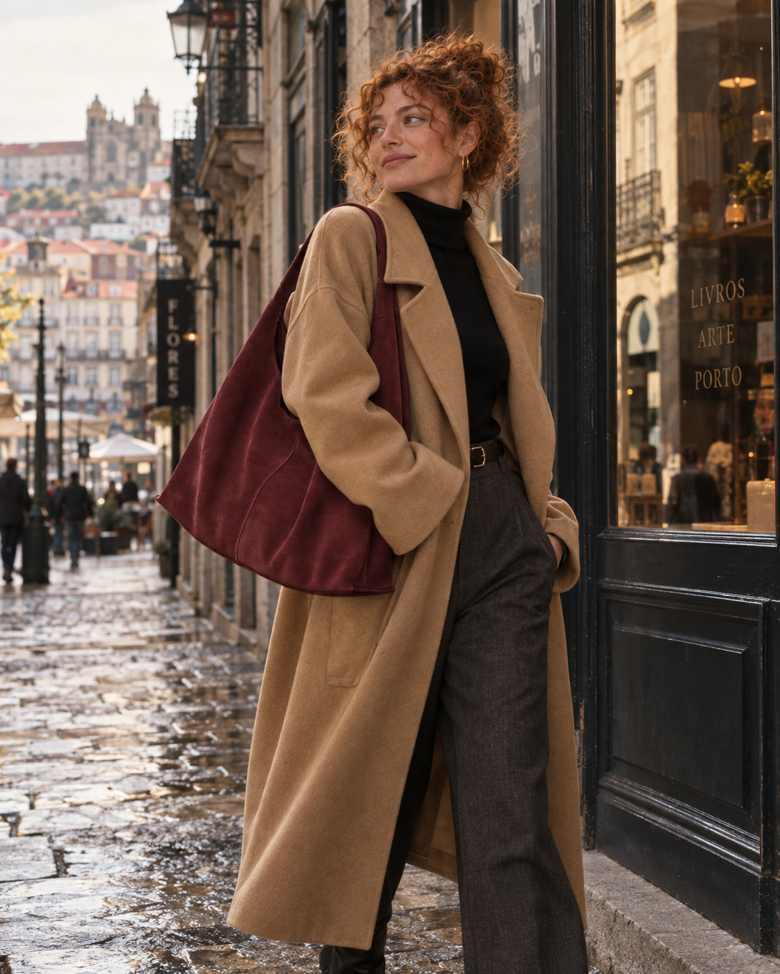 
The Porto Ankela Red leather handbag with Isabel in autumn Porto.