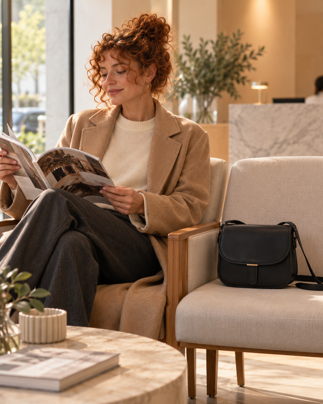 
The Procida Black handbag with Isabel in a modern medical clinic waiting room.