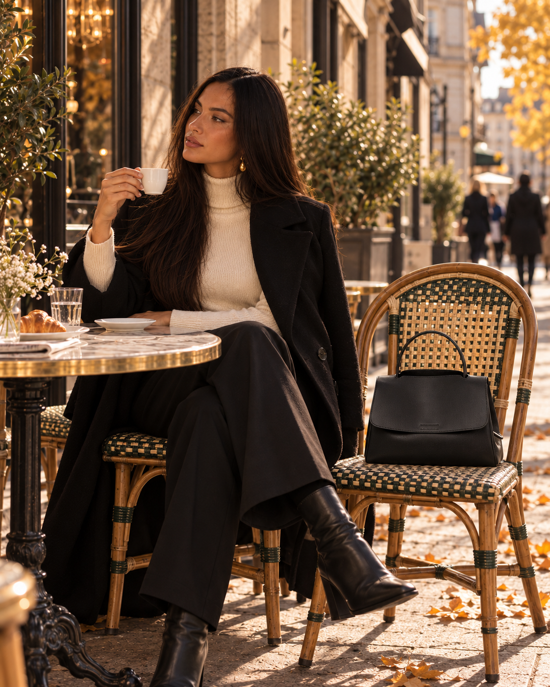 
The Siena Black leather handbag with Valera at a Milan café.