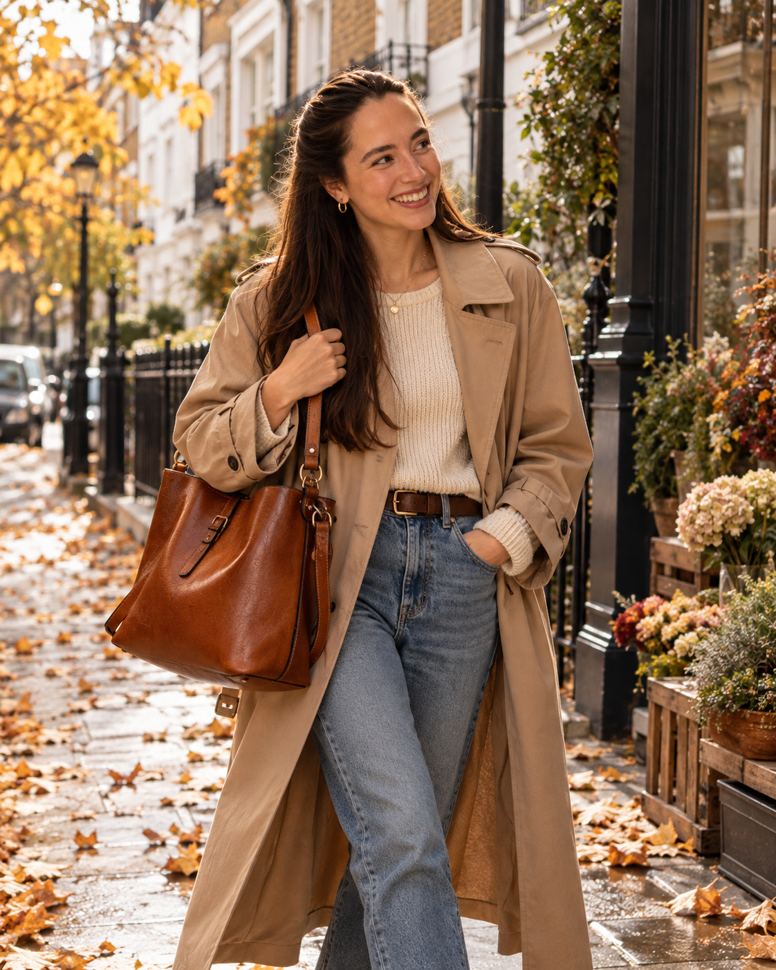 
The Verona Brown handbag with Talia in Notting Hill, London.
