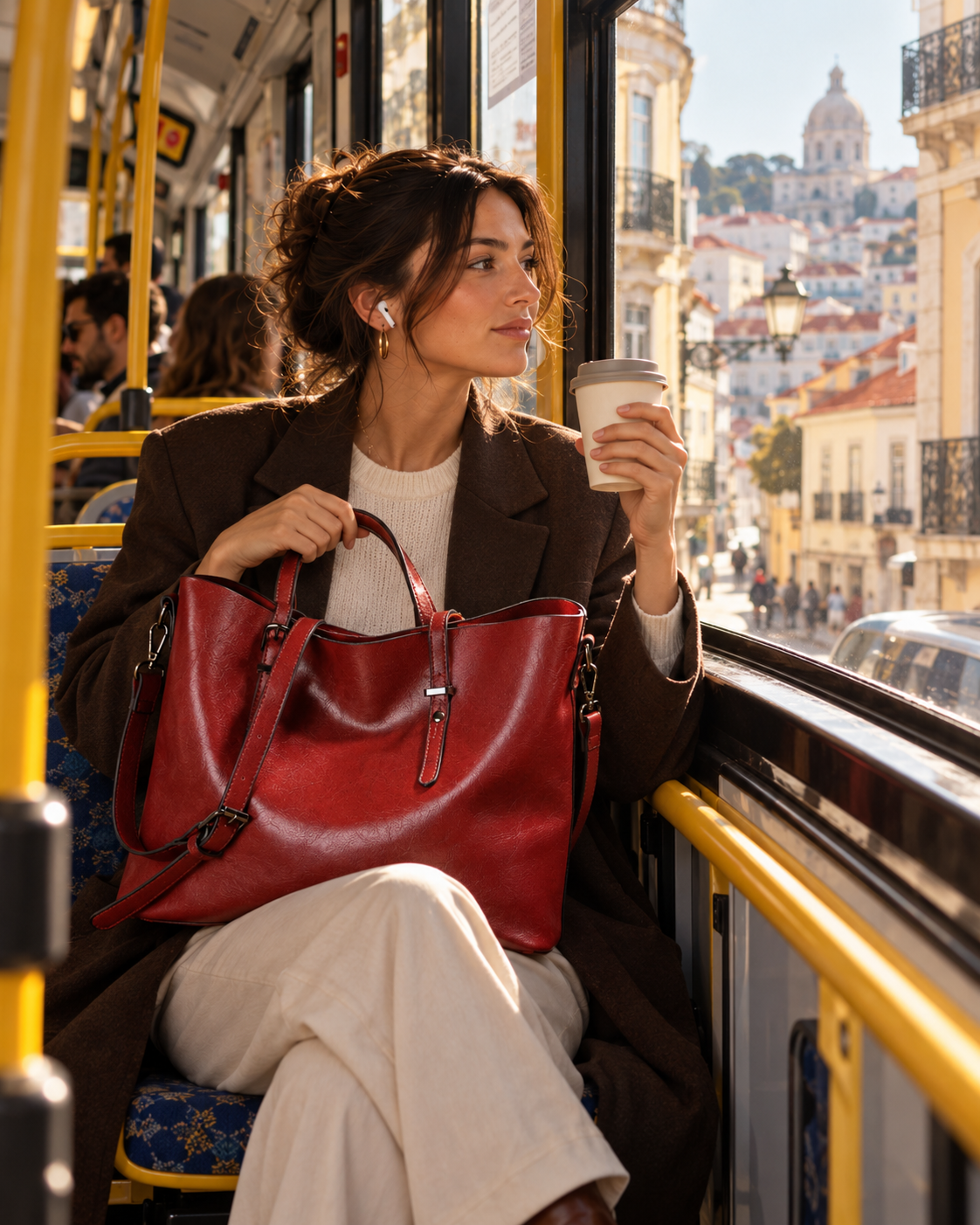 
The Verona Red handbag with Sofia on a Lisbon bus.